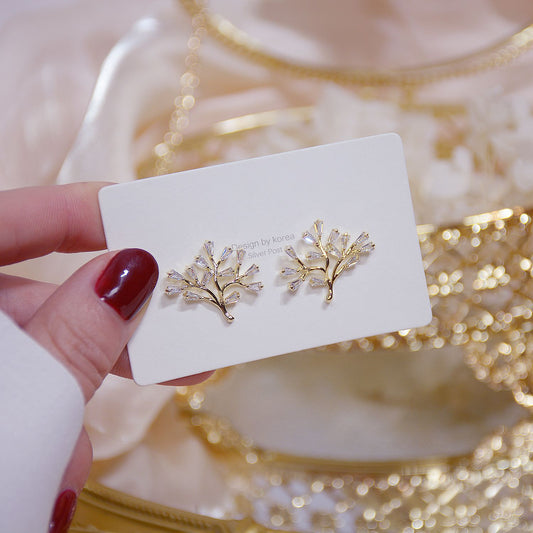 S925 Silver Needle Exquisite Zircon 14k Real Gold Leaf Shape Exquisite Earrings Temperament Female Earrings