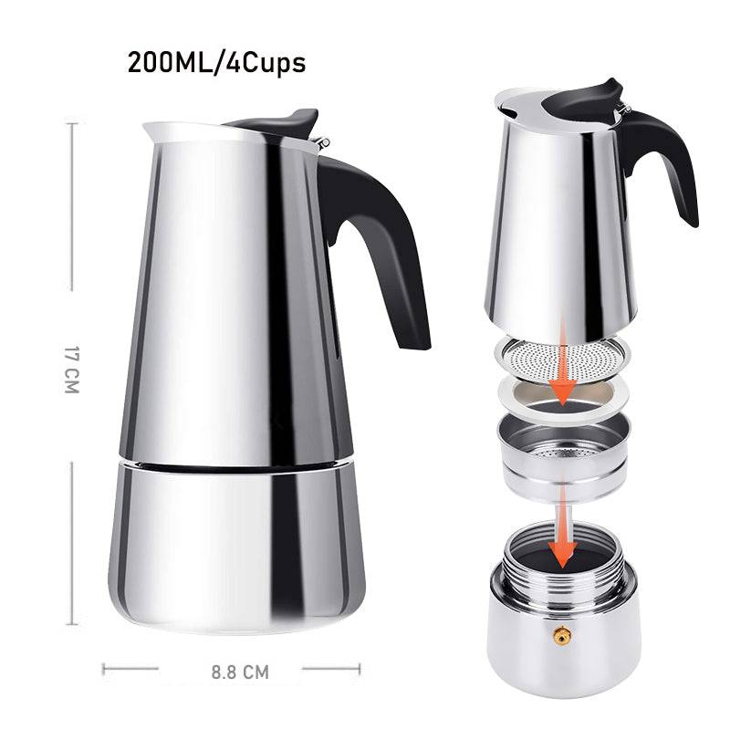 Stainless Steel Hand-Pushed Moka Pot – 6-Cup (Italian Style Stovetop Coffee Maker)-1