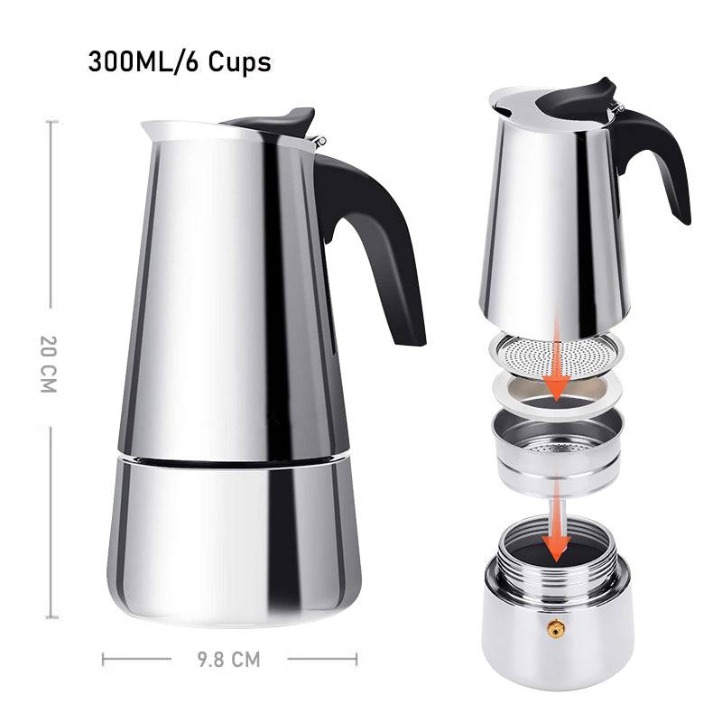 Stainless Steel Hand-Pushed Moka Pot – 6-Cup (Italian Style Stovetop Coffee Maker)-3