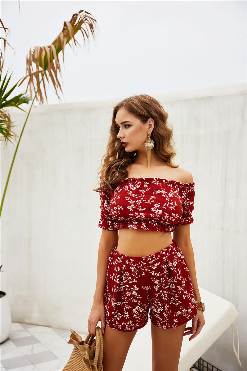 Real Shooting Two Piece Off Shoulder Chest Wrapped Shorts Printing Set Spring New Product