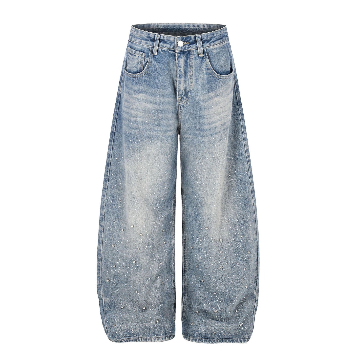 High-Waisted Washed Distressed Design, Loose Fit Slimming Straight Cut Pants