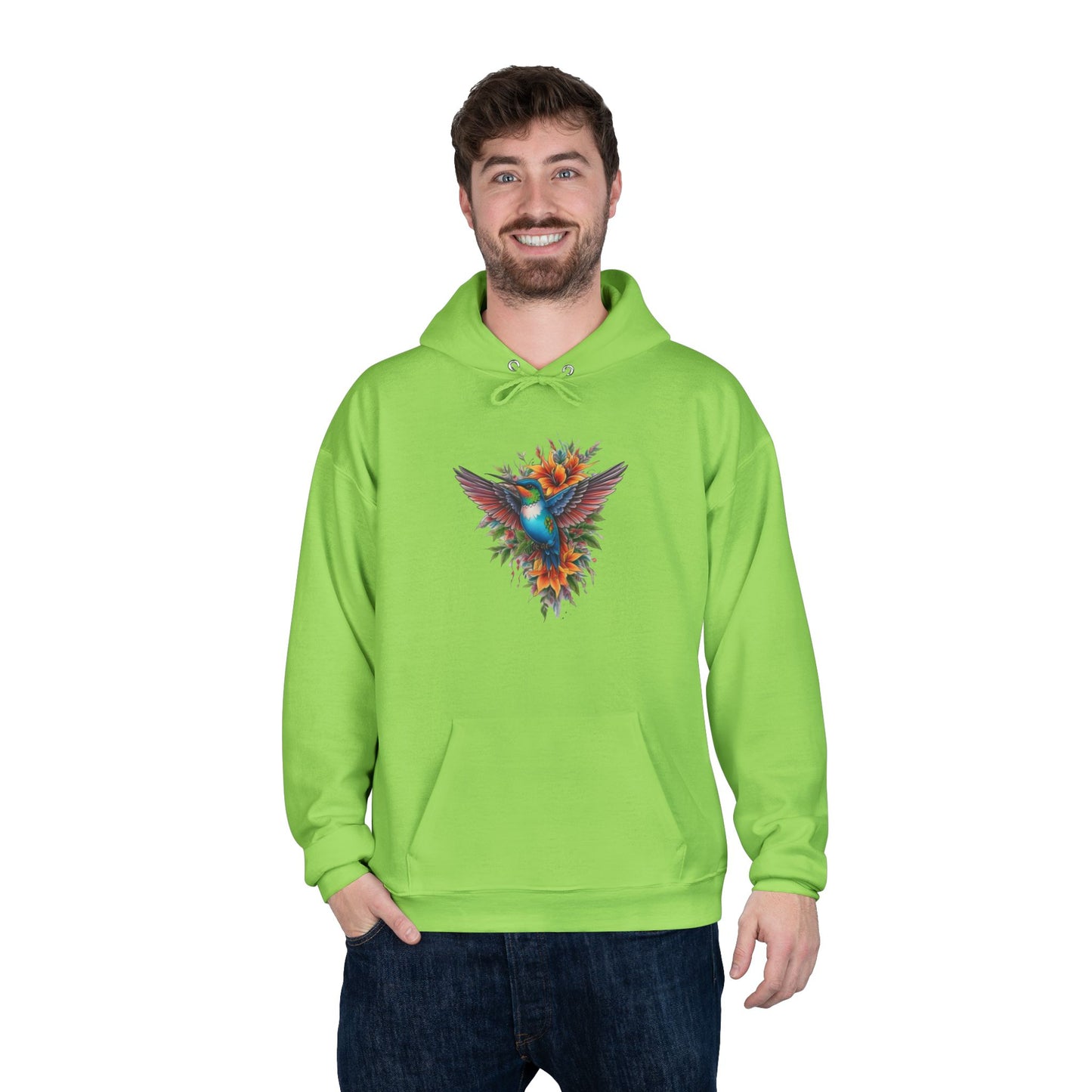 Vibrant Hummingbird Hoodie, Eco-Friendly Pullover, Perfect Gift for Nature Lovers, Spring Fashion, Unique Floral Design