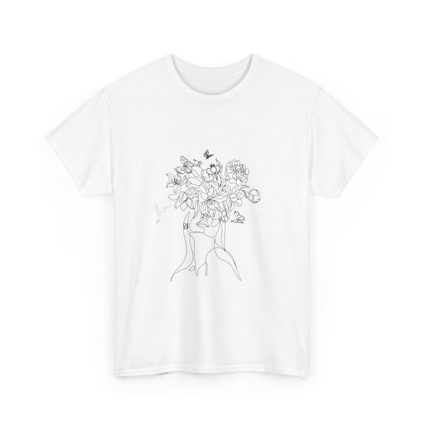 Floral Art Sketch Woman Flowers Hummingbird Unisex Heavy Cotton Tee - Beautiful Gift for Her, Everyday Comfort, Spring Style, Unique Graphic Shirt