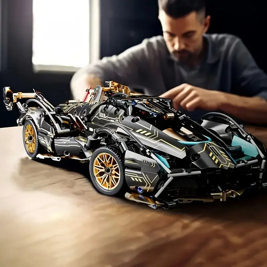 A person assembling a black and gold 1638-piece racing car building block model on a wooden table. Detailed DIY STEM construction set designed for teens and adults, ideal for display, collecting, educational building, and gift giving.