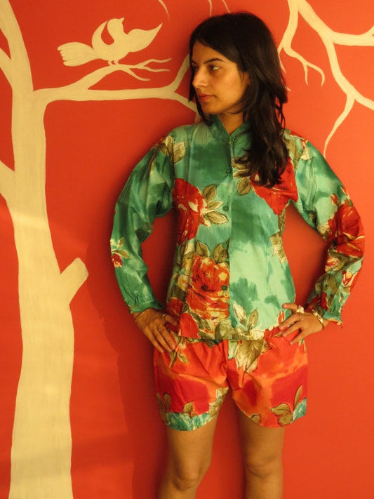 Red Teal Floral Shorts-0