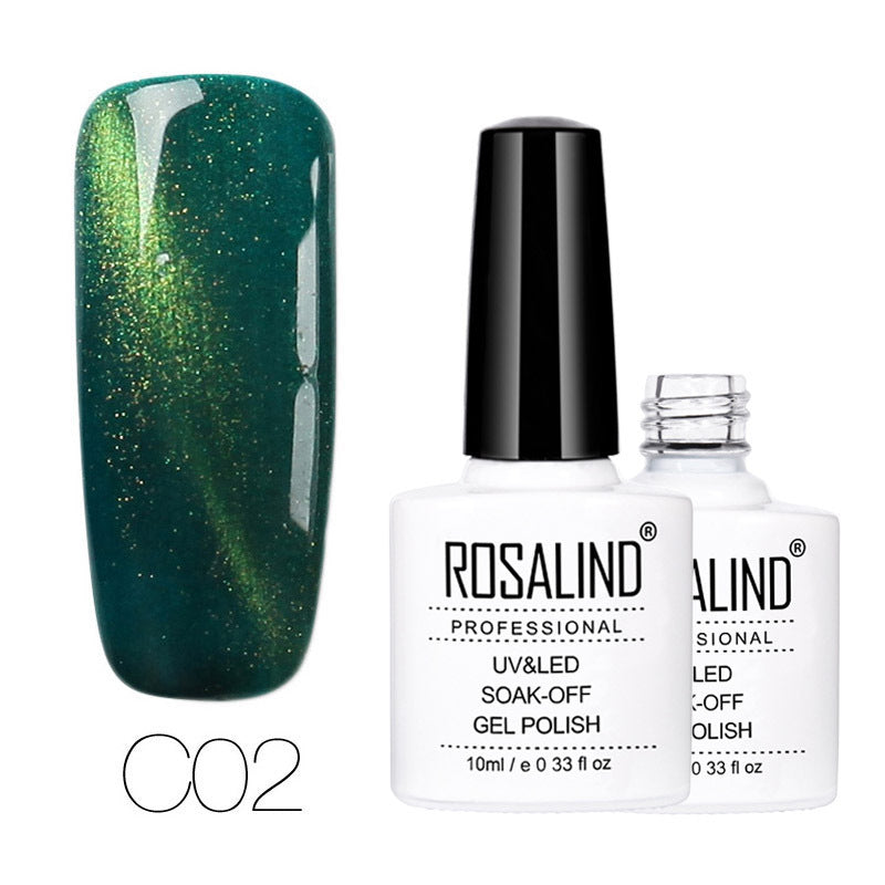 Rosalind gel polish bottle with a green glittery nail and black cap on a white background