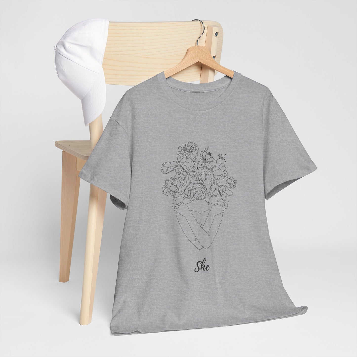 SHE Floral Love Unisex Heavy Cotton Tee, Casual T-Shirt, Gift for Her, Summer Fashion, Relaxed Fit Tee
