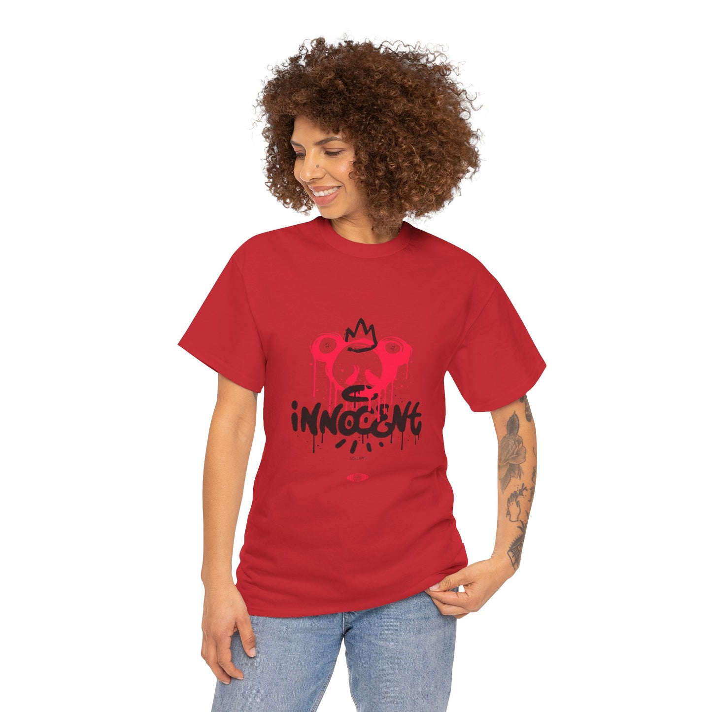 Edgy Graphic Tee: 'Innocent' Design, Urban Fashion, Streetwear, Unisex Cotton T-Shirt, Music Festivals, Casual Wear