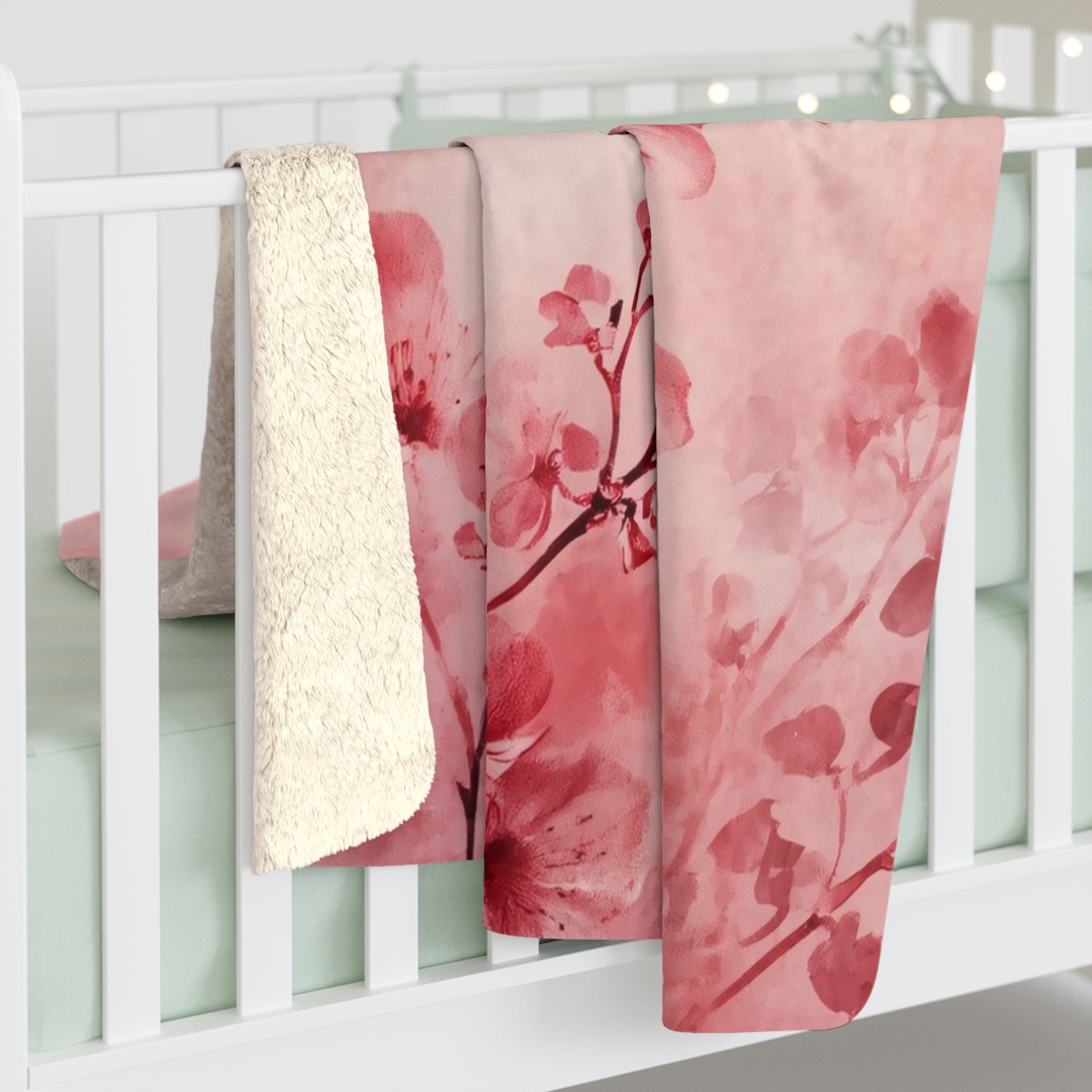 Pink Floral Branch Sherpa Fleece Blanket Blossom Watercolor Throw