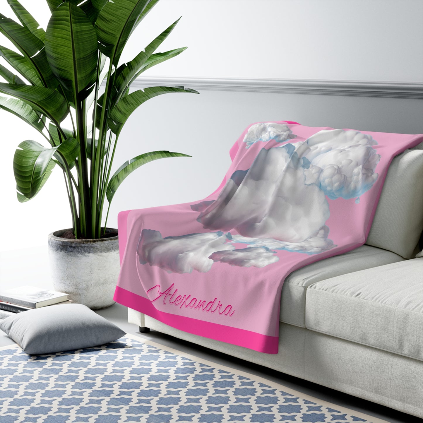 Personalized Cloud Name Sherpa Blanket - Pink Clouds, Cozy Throw