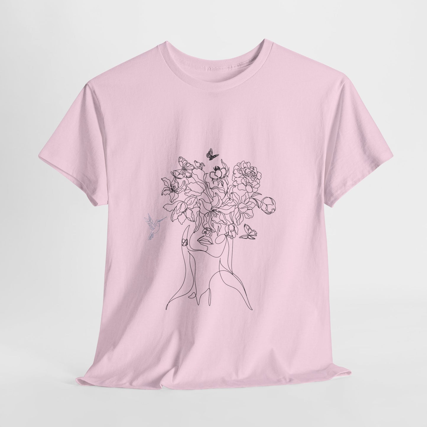 Floral Art Sketch Woman Flowers Hummingbird Unisex Heavy Cotton Tee - Beautiful Gift for Her, Everyday Comfort, Spring Style, Unique Graphic Shirt