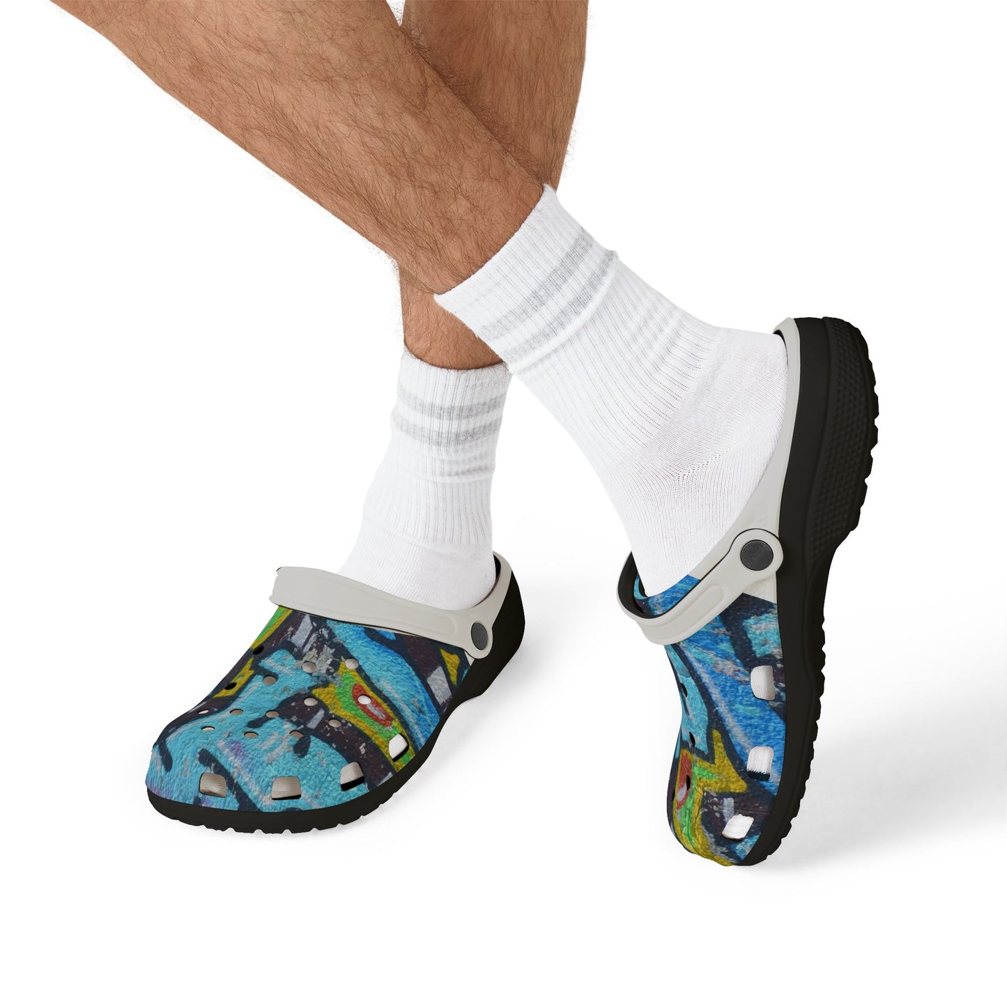 Graffiti Painted Cityscape EVA Clogs — Artistic Blue Graphic Foam Slip‑Ons