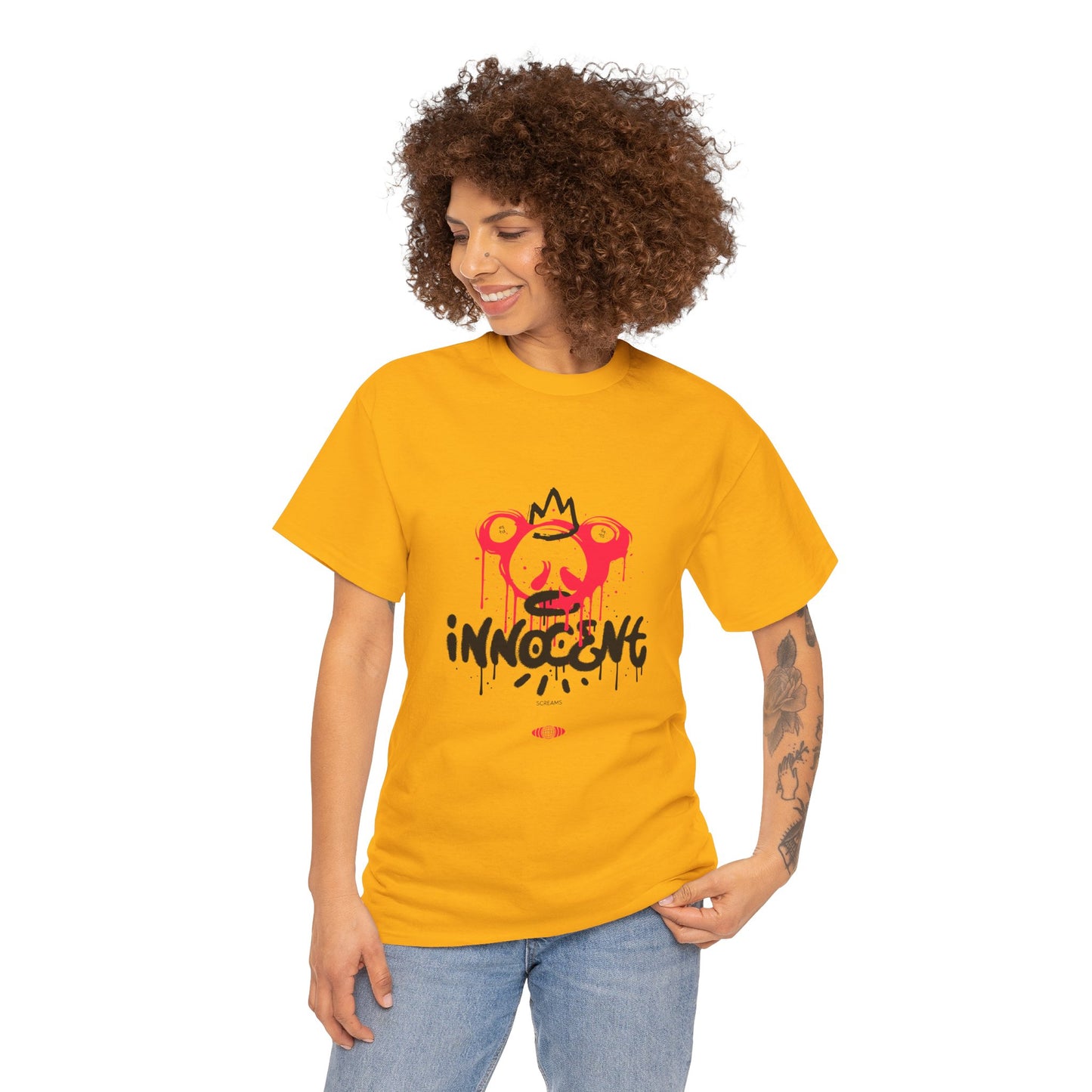 Edgy Graphic Tee: 'Innocent' Design, Urban Fashion, Streetwear, Unisex Cotton T-Shirt, Music Festivals, Casual Wear