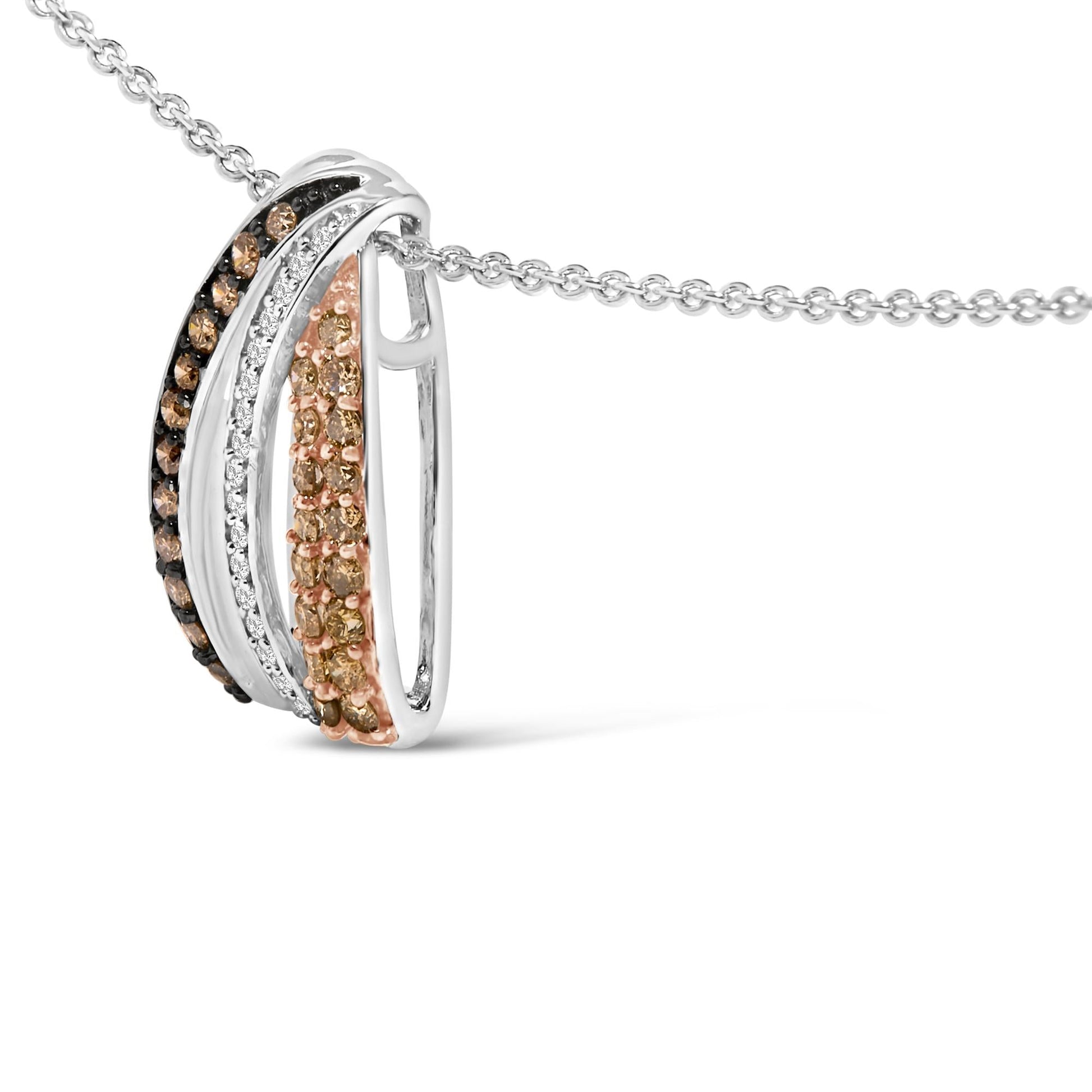 Tri Tone Sterling Silver 1/2 Cttw White and Brown Diamond Pendant Necklace-3