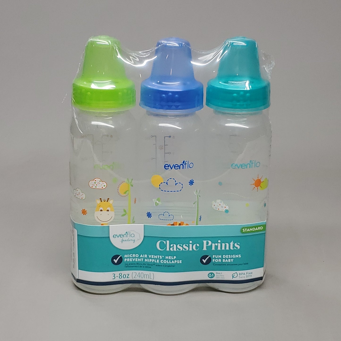 EVENFLO Classic Prints Fun Design Standard Baby Bottles 8 oz 3 Colors Blue/Green 1338311 (New)