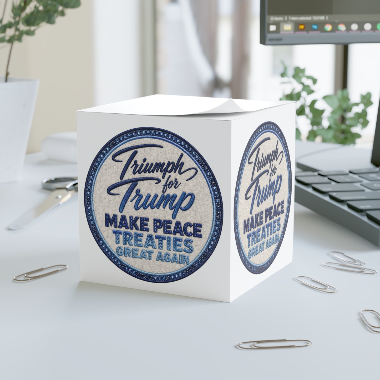 Note Cube — "Triumph for Trump: Make Peace Treaties Great Again" Collectible Sticky Notes, A One of a Kind Design ✨Only @ LuxeByMimi