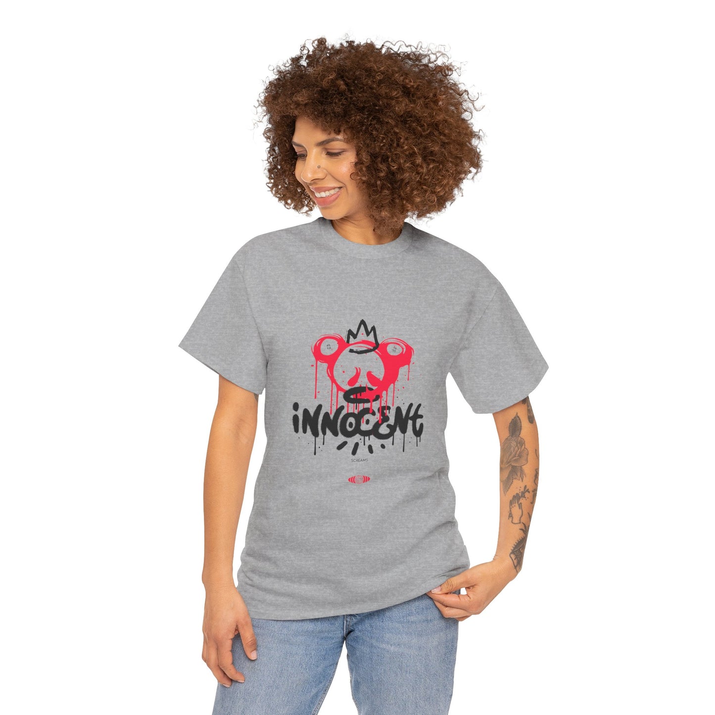 Edgy Graphic Tee: 'Innocent' Design, Urban Fashion, Streetwear, Unisex Cotton T-Shirt, Music Festivals, Casual Wear