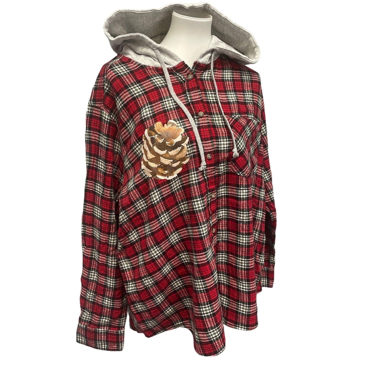 New Hand Printed Womens Large Rustic Pine Cone Long Sleeve Plaid Flannel Hoodie