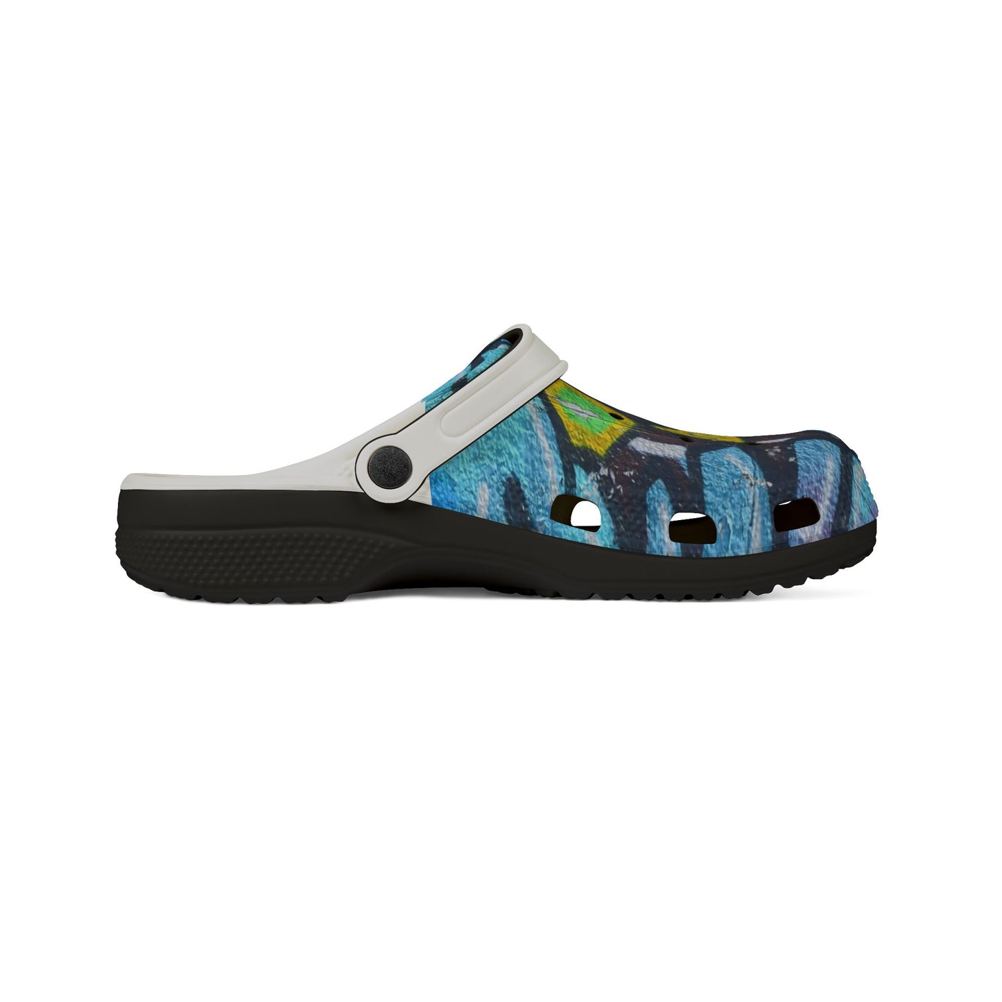 Graffiti Painted Cityscape EVA Clogs — Artistic Blue Graphic Foam Slip‑Ons