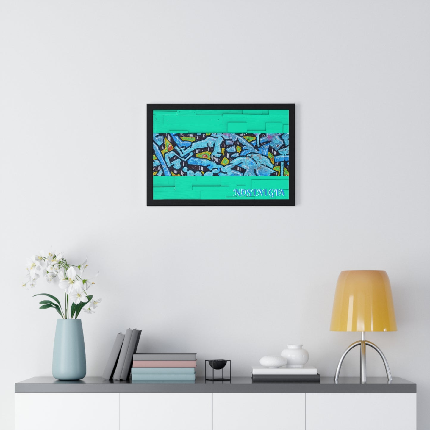 Nostalgia Graffiti Horizontal Framed Poster — Teal Urban Street Art Print