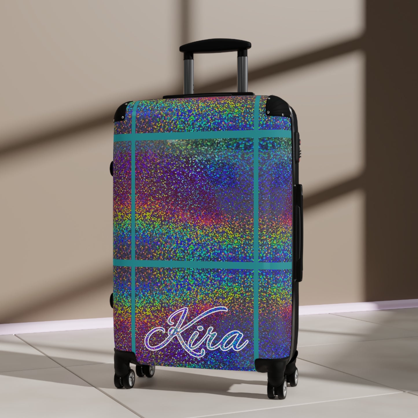 Personalized Name Holographic Glitch Pattern Print Suitcase Colorful Travel Luggage: WARNING - May Cause Uncontrollable Compliments