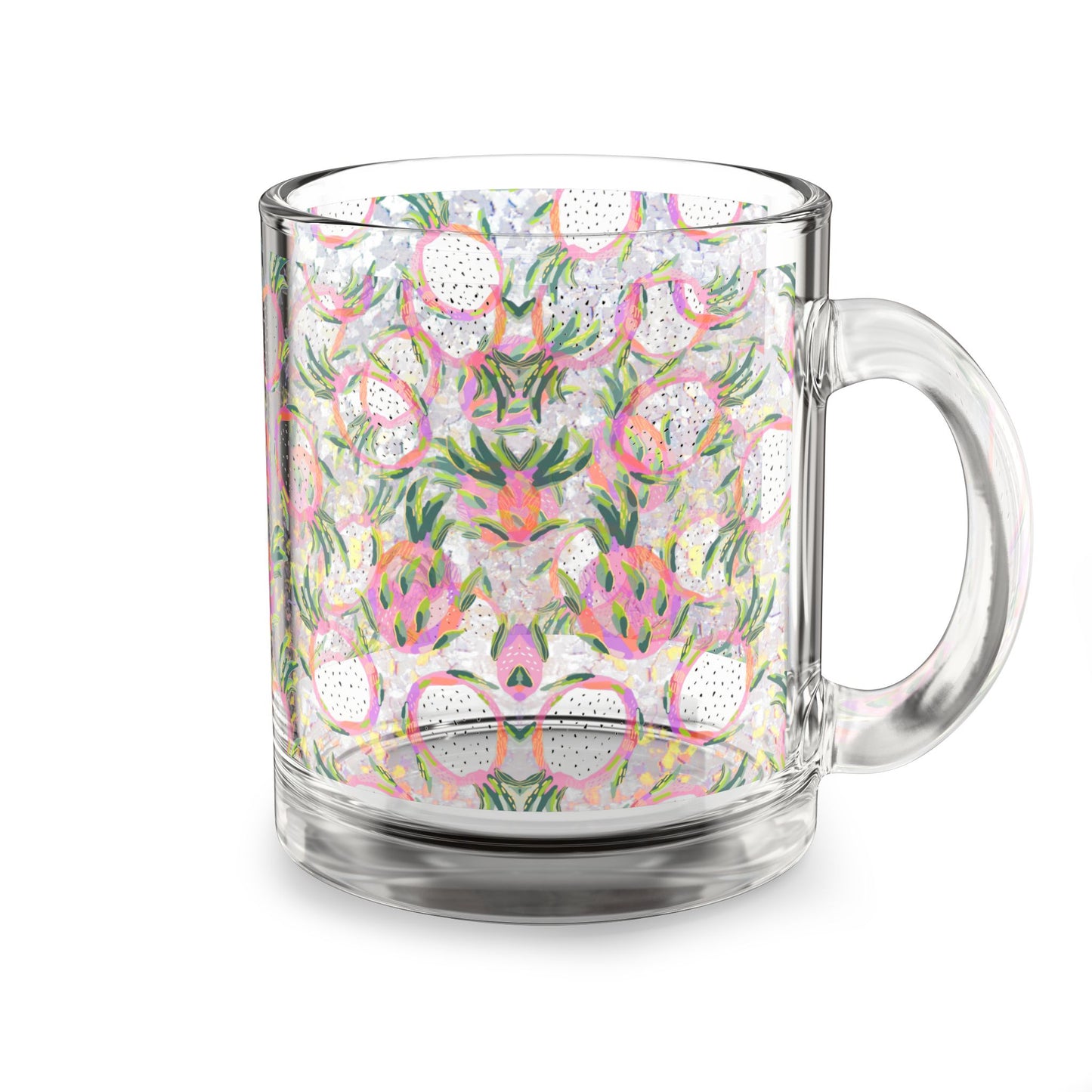 Exotic Fruit Pattern Glass Mug 10oz Clear Coffee Tea Cup