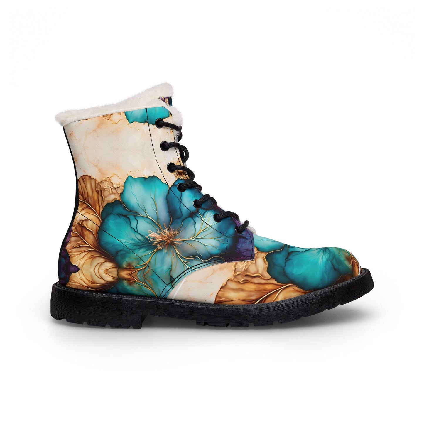 Teal Floral Fur-Lined Leather Boots — Women's Winter Ankle Boots
