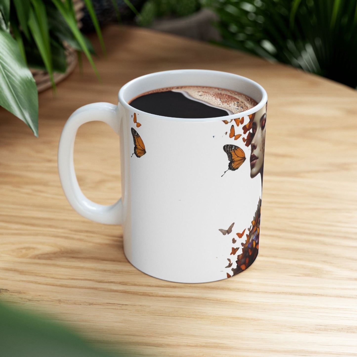 Butterfly Embrace Woman Ceramic Mug | Unique Gift for Nature Lovers, Inspirational Coffee Cup, Home Decor, Animal Art, Beautiful Butterfly Design