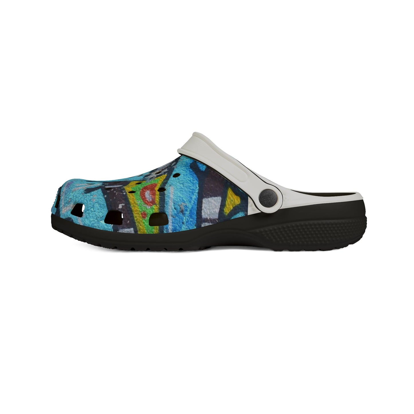 Graffiti Painted Cityscape EVA Clogs — Artistic Blue Graphic Foam Slip‑Ons