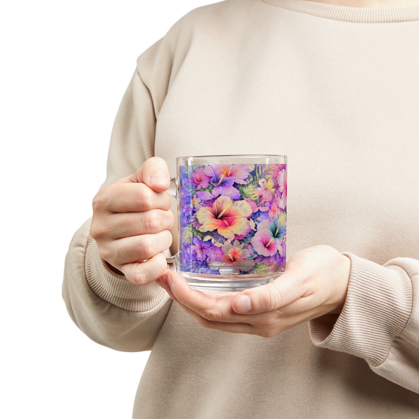 Pastel Tropical Hibiscus Floral Glass Mug 10oz