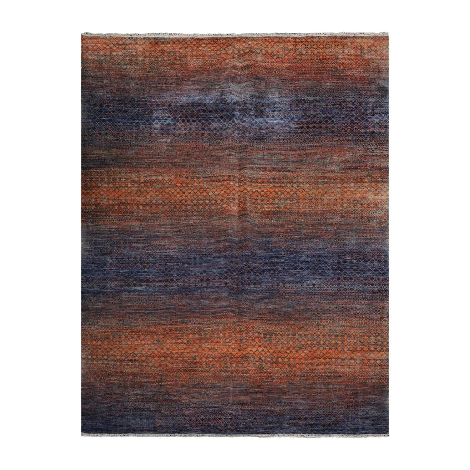 9’ x 12’ Hand Knotted 100% Wool Modern Grass Oriental Area Rug Orange, Navy-1
