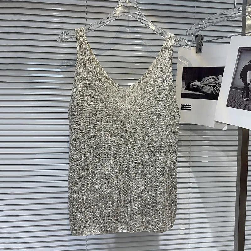 Hot pressed diamond collar knitted camisole vest women's top