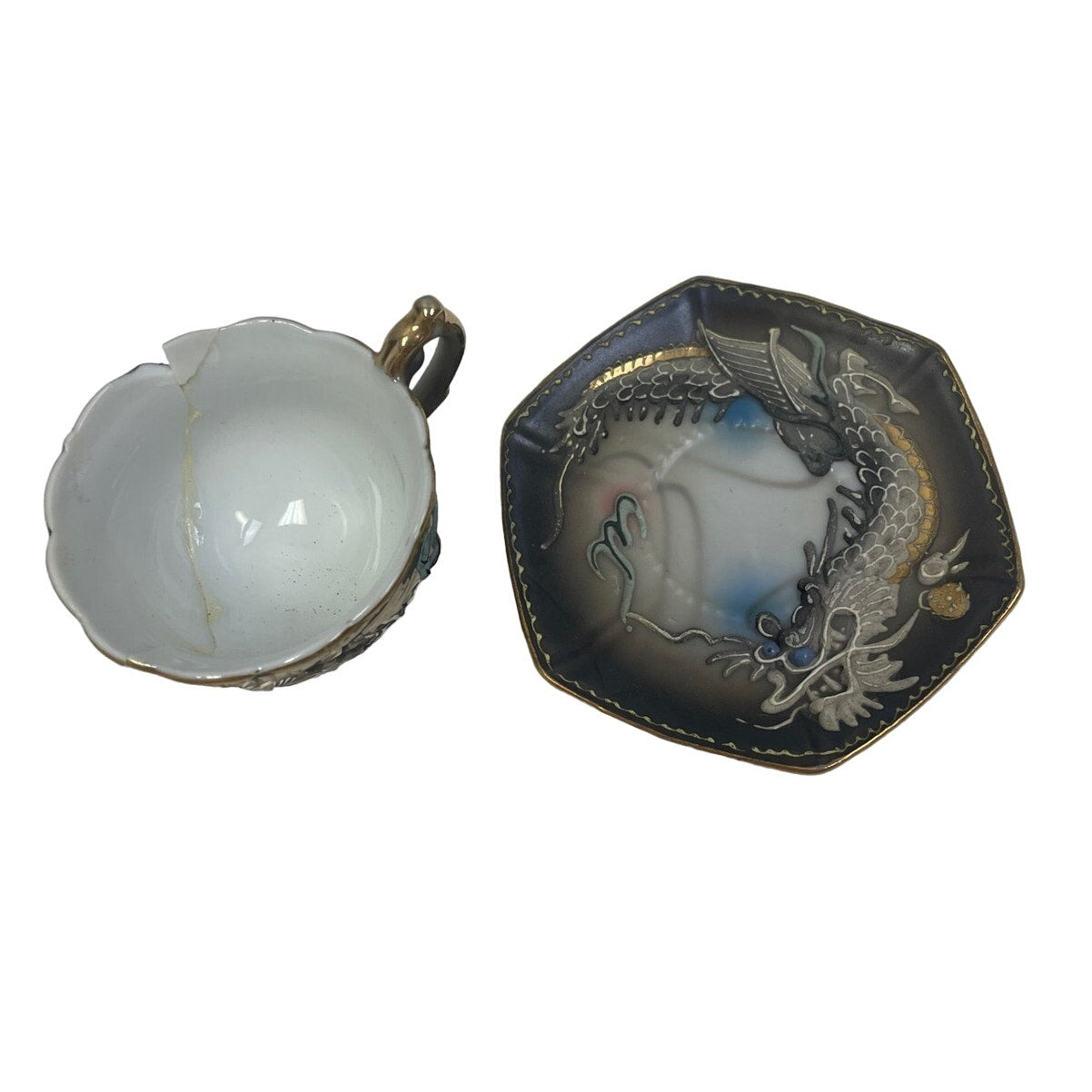 Vintage Soka China Chipped Collectable Dragon Mini Small Teacup w Saucer