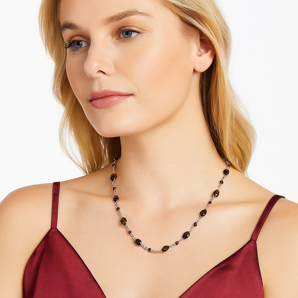 Premium Smoky Quartz Checker Briolette & Garnet Necklace N-1024 17-EN10054-0