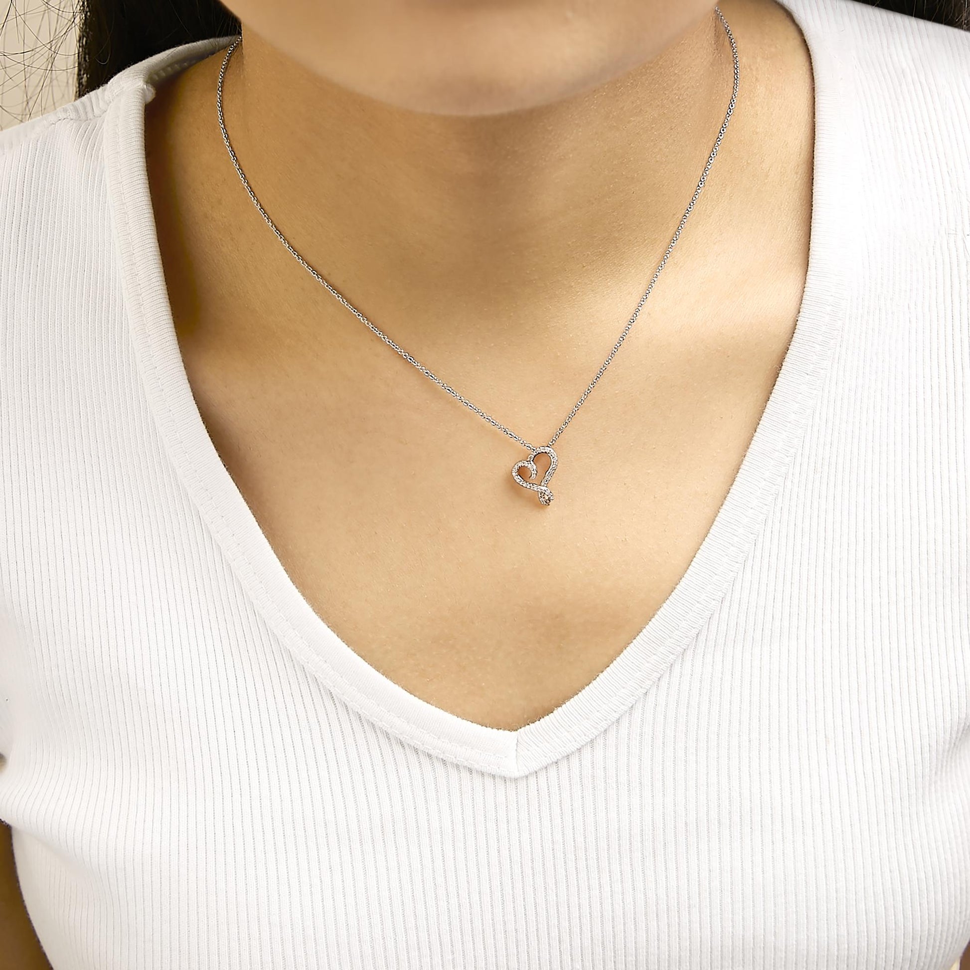 14k Rose Gold Plated Silver 1/10 Cttw Diamond Open Heart Pendant Necklace-2