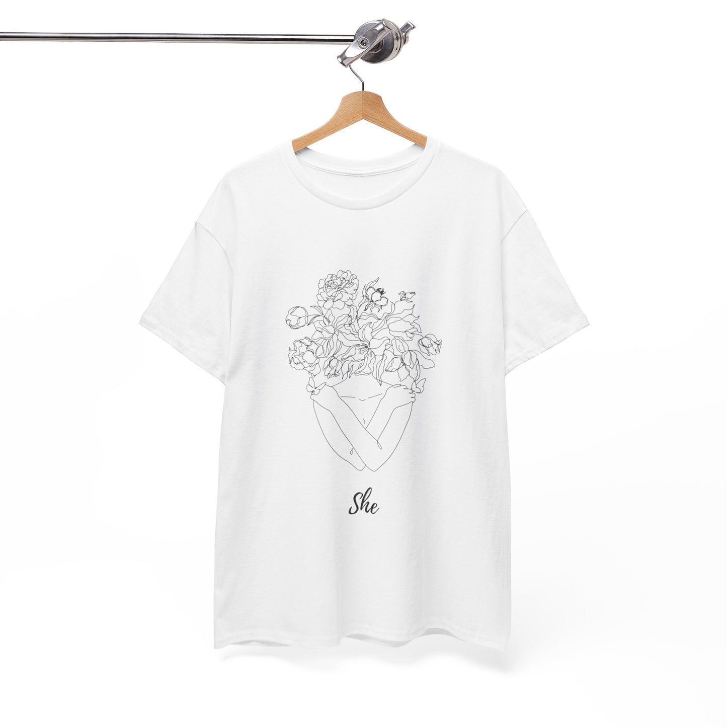 SHE Floral Love Unisex Heavy Cotton Tee, Casual T-Shirt, Gift for Her, Summer Fashion, Relaxed Fit Tee