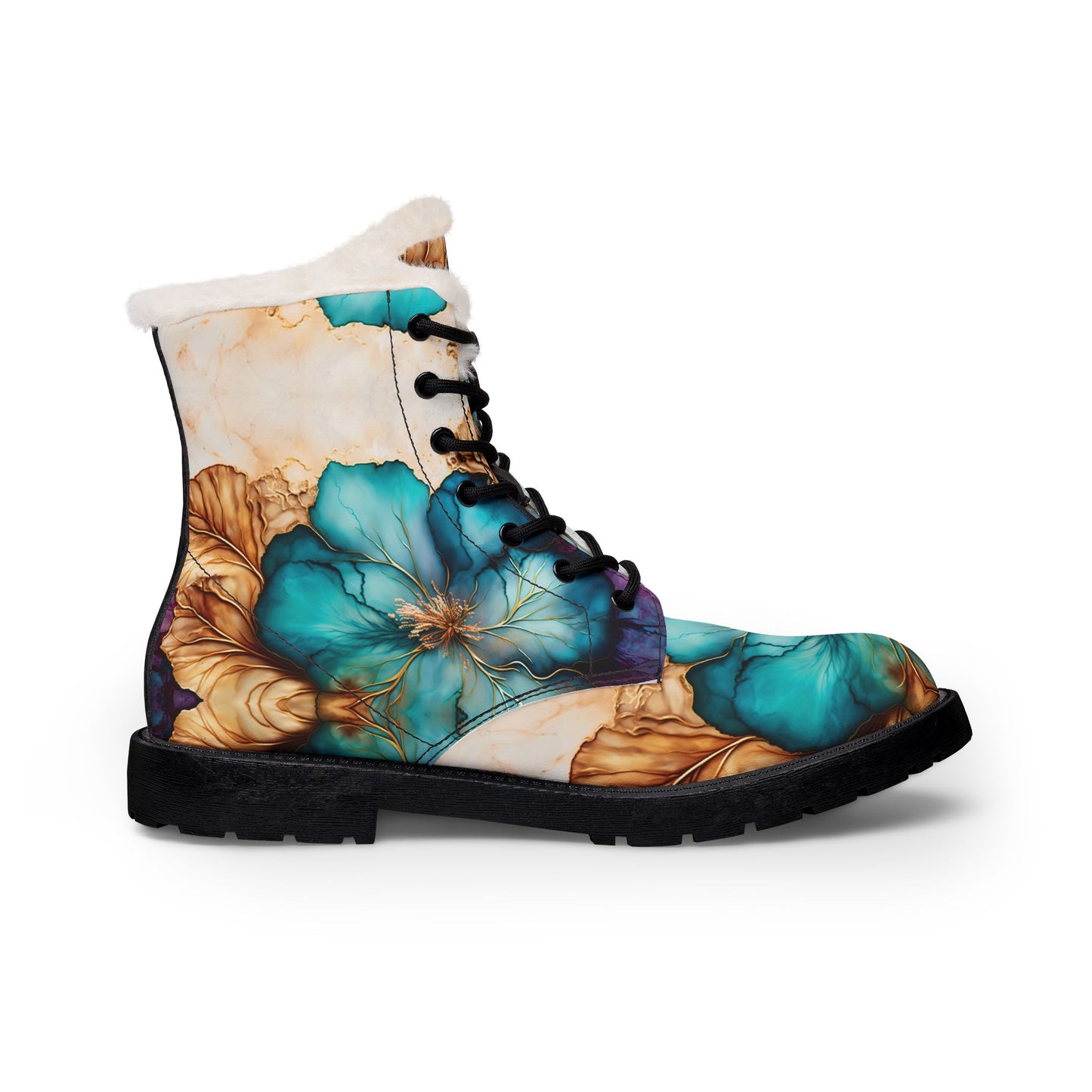 Teal Floral Fur-Lined Leather Boots — Women's Winter Ankle Boots