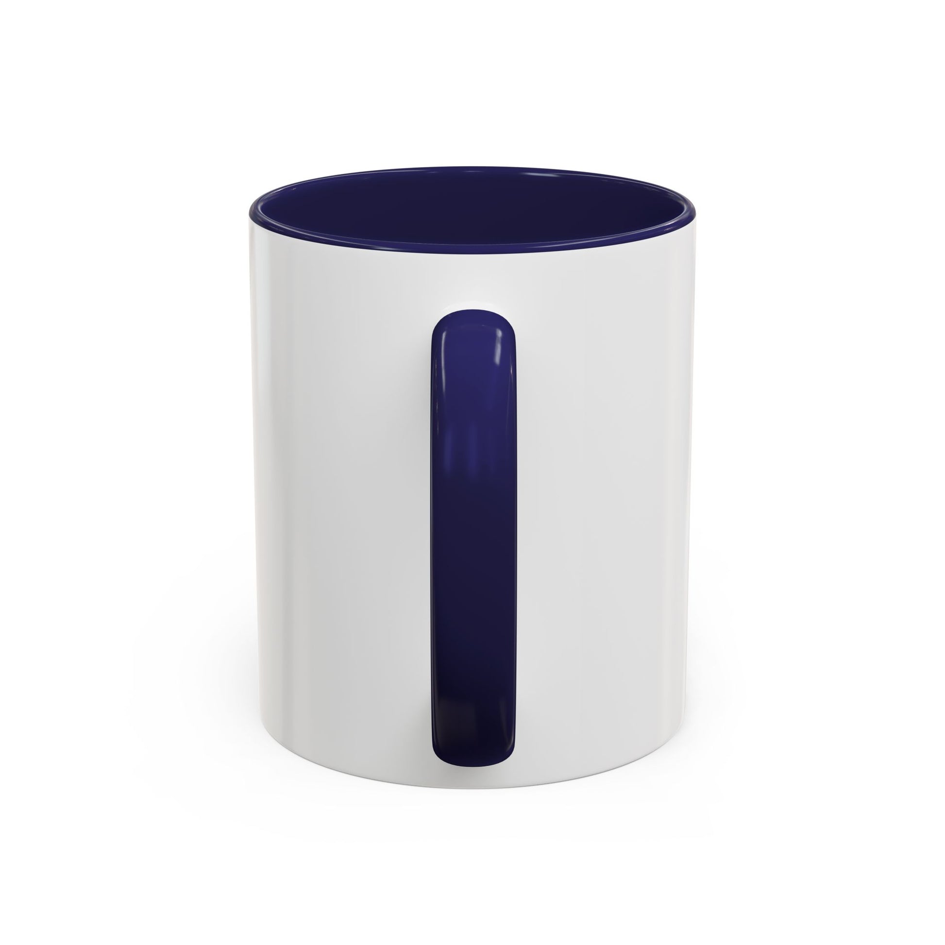 White mug with a blue interior and handle on a white background Donald Trump patriotic coffee cup with embroidered-style circular badge artwork for coffee and tea lovers.
