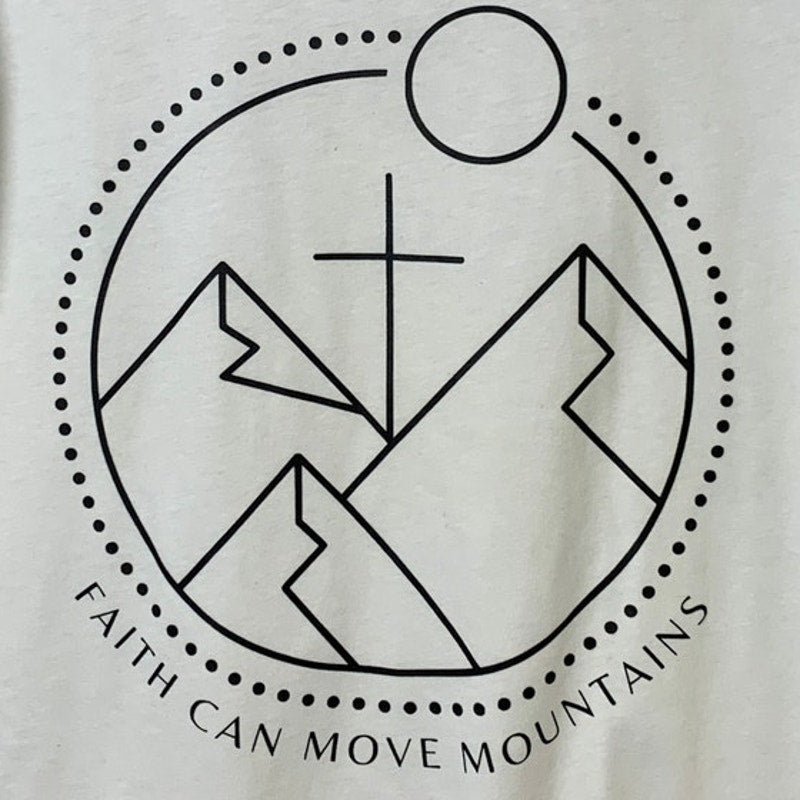 New Hand Printed Womens Large White Faith Can Move Mountains Bible Crew Tee
