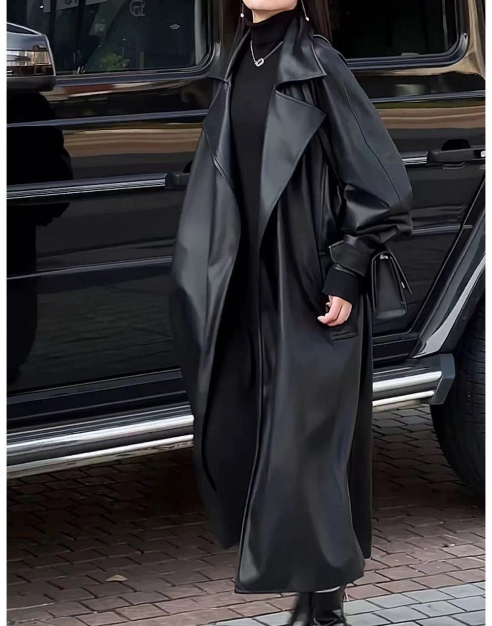 Women's Fashion Temperament Long Below The Knee PU Leather Coat