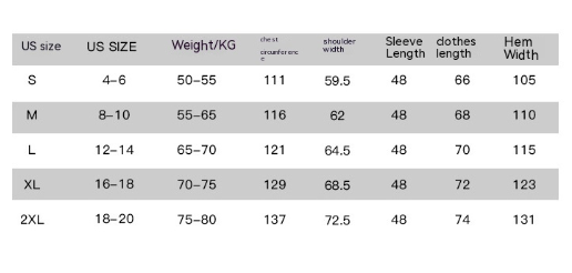 Size chart for clothing with US size, weight, and measurements.