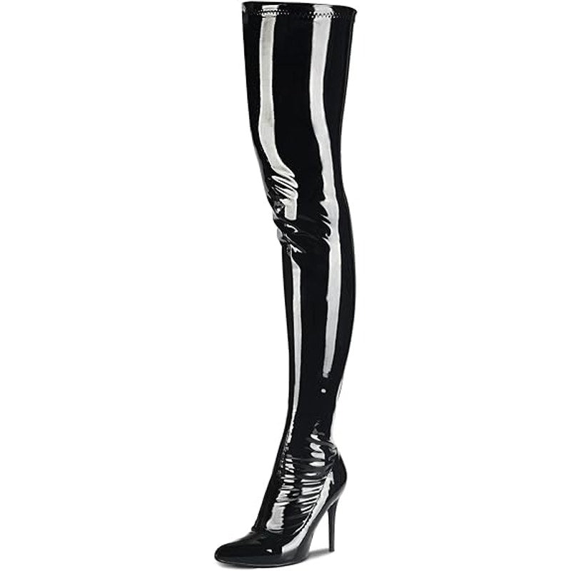Camssoo Womens Size 8 Black Faux Patent Leather 4" Heel Above-The-Knee Boots
