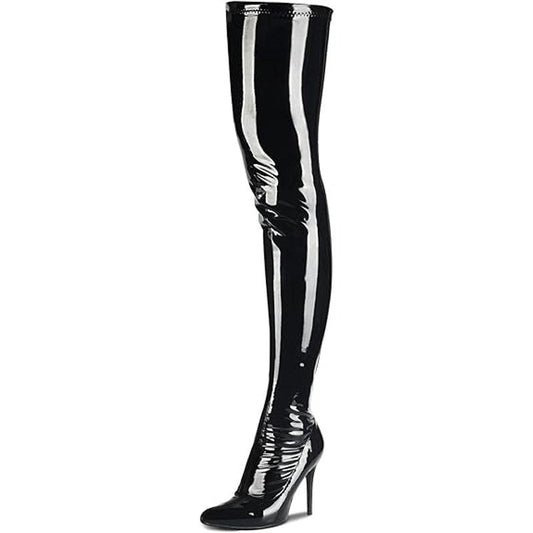 Camssoo Womens Size 8 Black Faux Patent Leather 4" Heel Above-The-Knee Boots