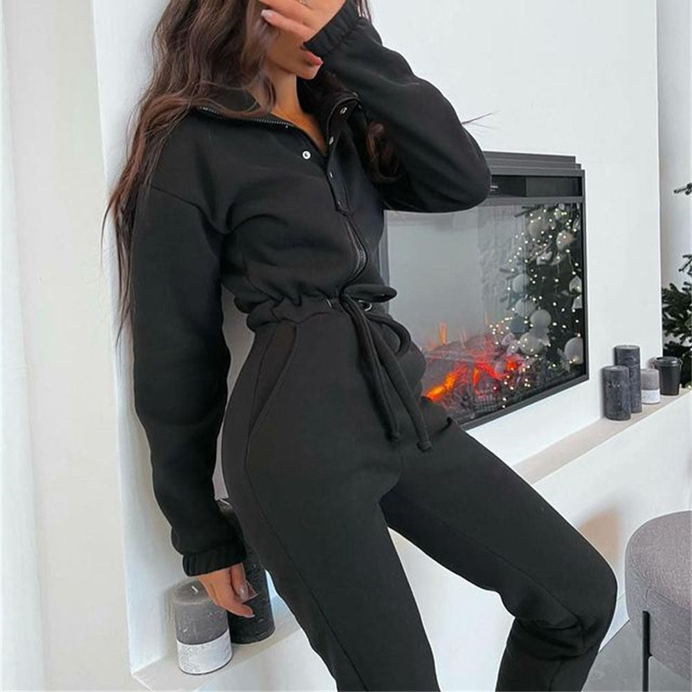 Stand-up Collar Cinched Leisure Jumpsuit