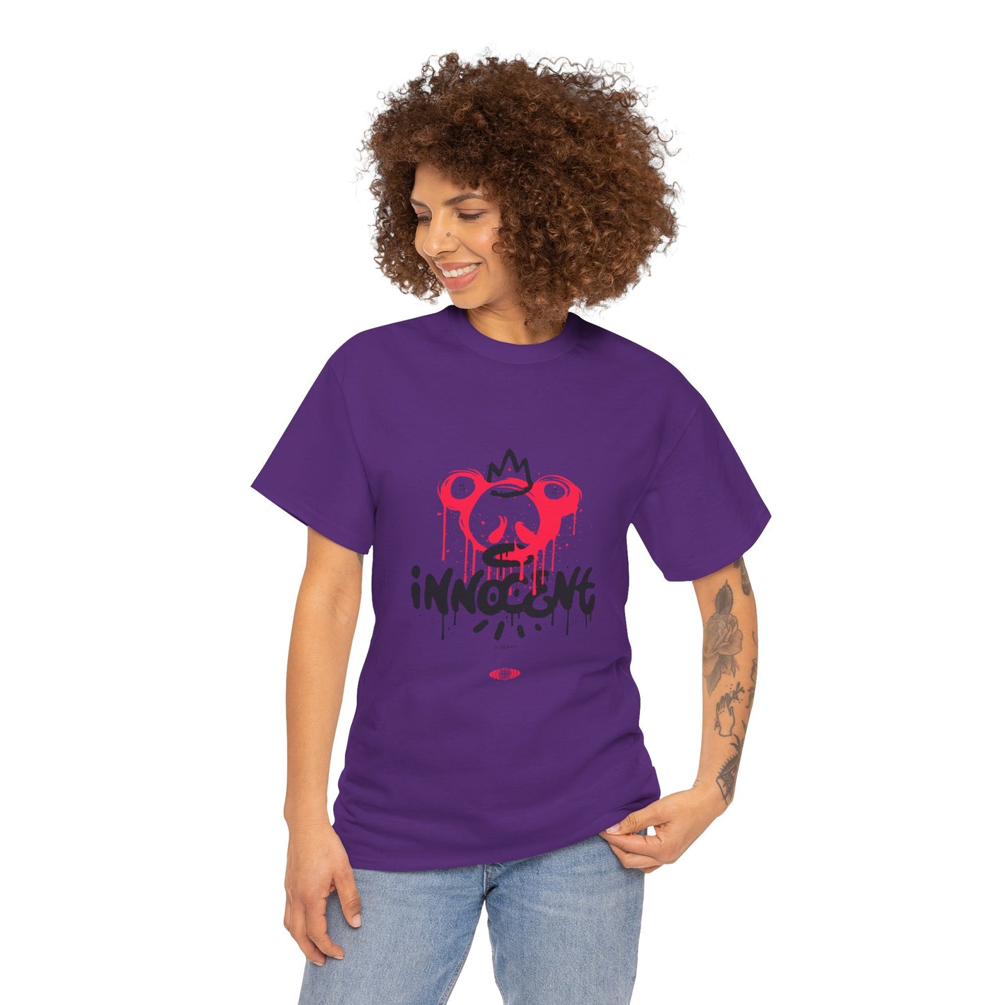 Edgy Graphic Tee: 'Innocent' Design, Urban Fashion, Streetwear, Unisex Cotton T-Shirt, Music Festivals, Casual Wear