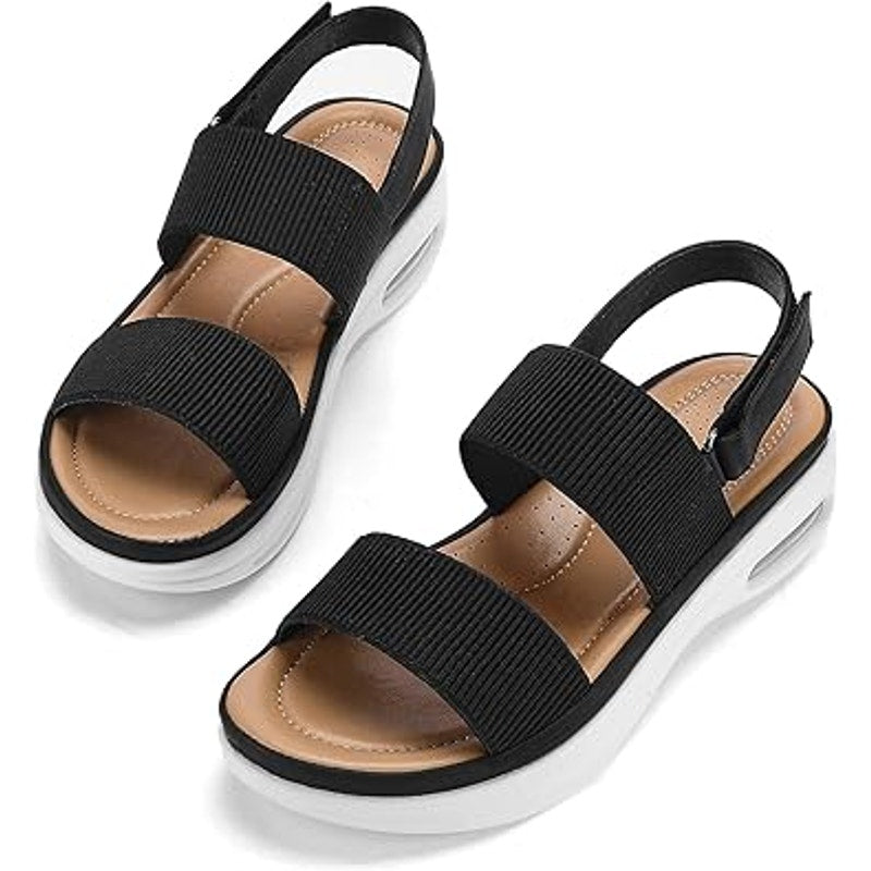 Mysoft Womens Size 8 Black Cloth Strap Open Toe Air Cushioned Walking Sandals