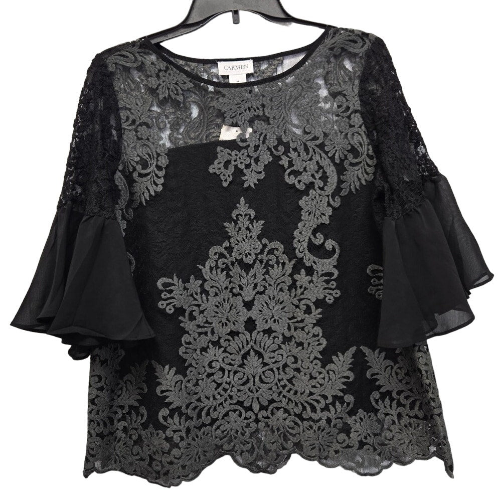 New Carmen Marc Valvo Womens Medium Nylon Lace Overlay Half Bell Sleeve Blouse