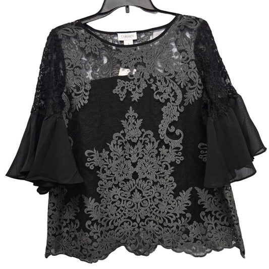 New Carmen Marc Valvo Womens Medium Nylon Lace Overlay Half Bell Sleeve Blouse