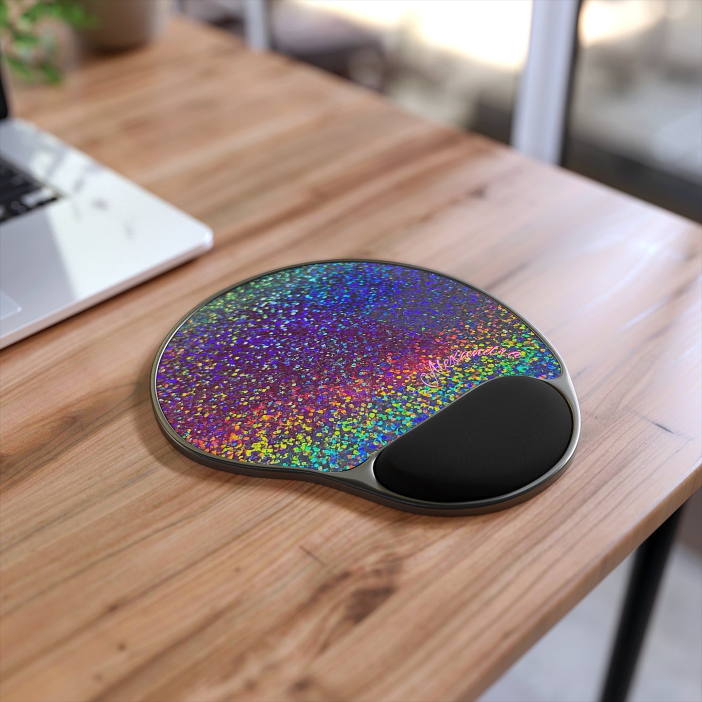 Personalized Holographic Glitter Mouse Pad with Wrist Rest - Rainbow Sparkle Desk Mat