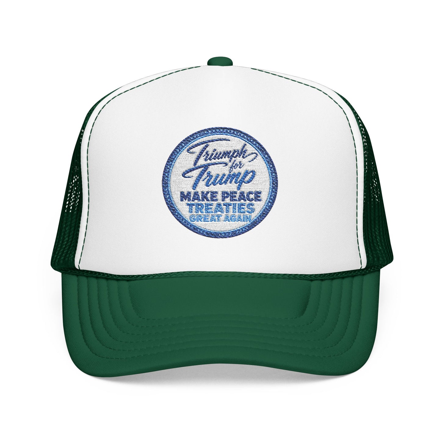 "Triumph for Trump: Make Peace Treaties Great Again" ✨EMBROIDERED Foam Trucker Hat — Vintage Trump Campaign Patch, Only @ LuxeByMimi✨